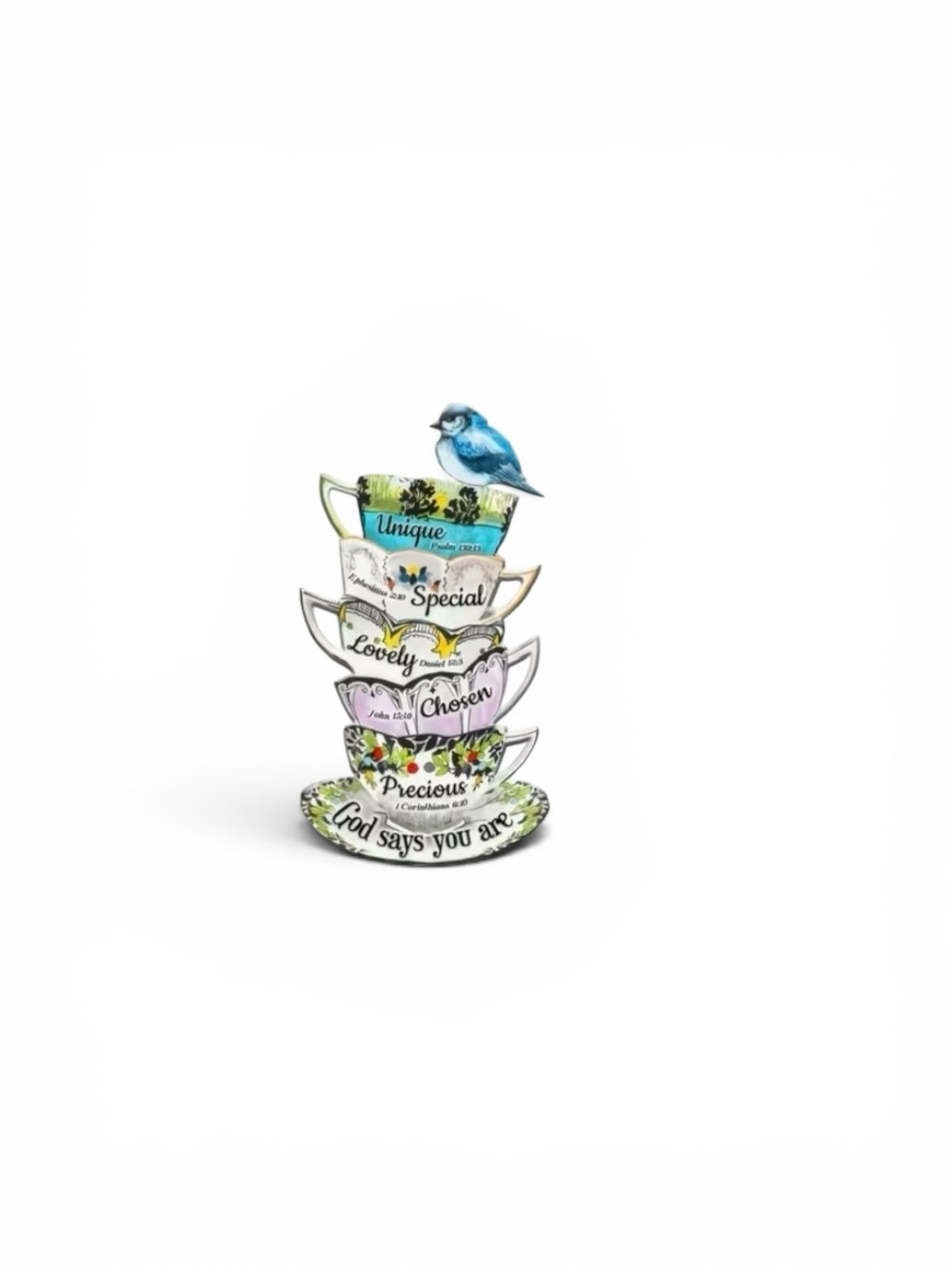 2D acrylic flat stacked teacup pin with inspirational quotes